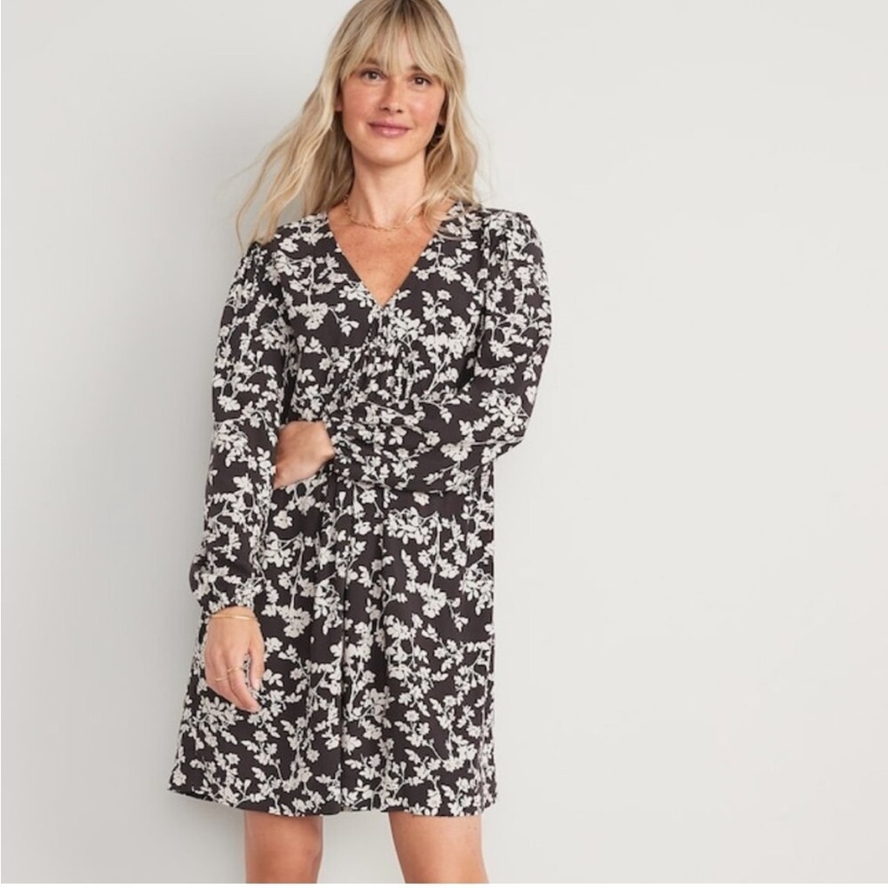 Old Navy Puff-Sleeve Floral Mini Swing‎ Dress w/pockets Sz XL gray